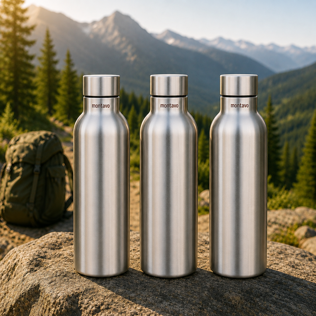 Montavo by FnS Mist 1 litre stainless steel water bottle set of 3 with silver caps displayed on a scenic mountain trail