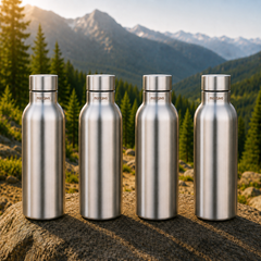 Montavo by FnS Mist 1 litre stainless steel water bottle set of 4 with silver caps displayed on a scenic mountain trail