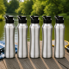 Montavo by FnS Reptide 1 litre stainless steel water bottle set of 5 with black caps displayed outdoors on a wooden table