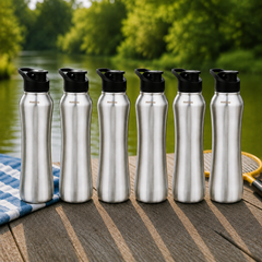 Montavo by FnS Reptide 1 litre stainless steel water bottle set of 6 with black caps displayed outdoors on a wooden table