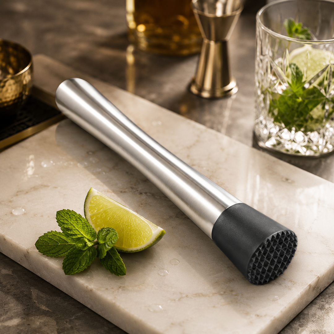 Montavo Cocktail Muddler and Fruit Crusher with stainless steel handle and black textured base beside lime and fresh mint.