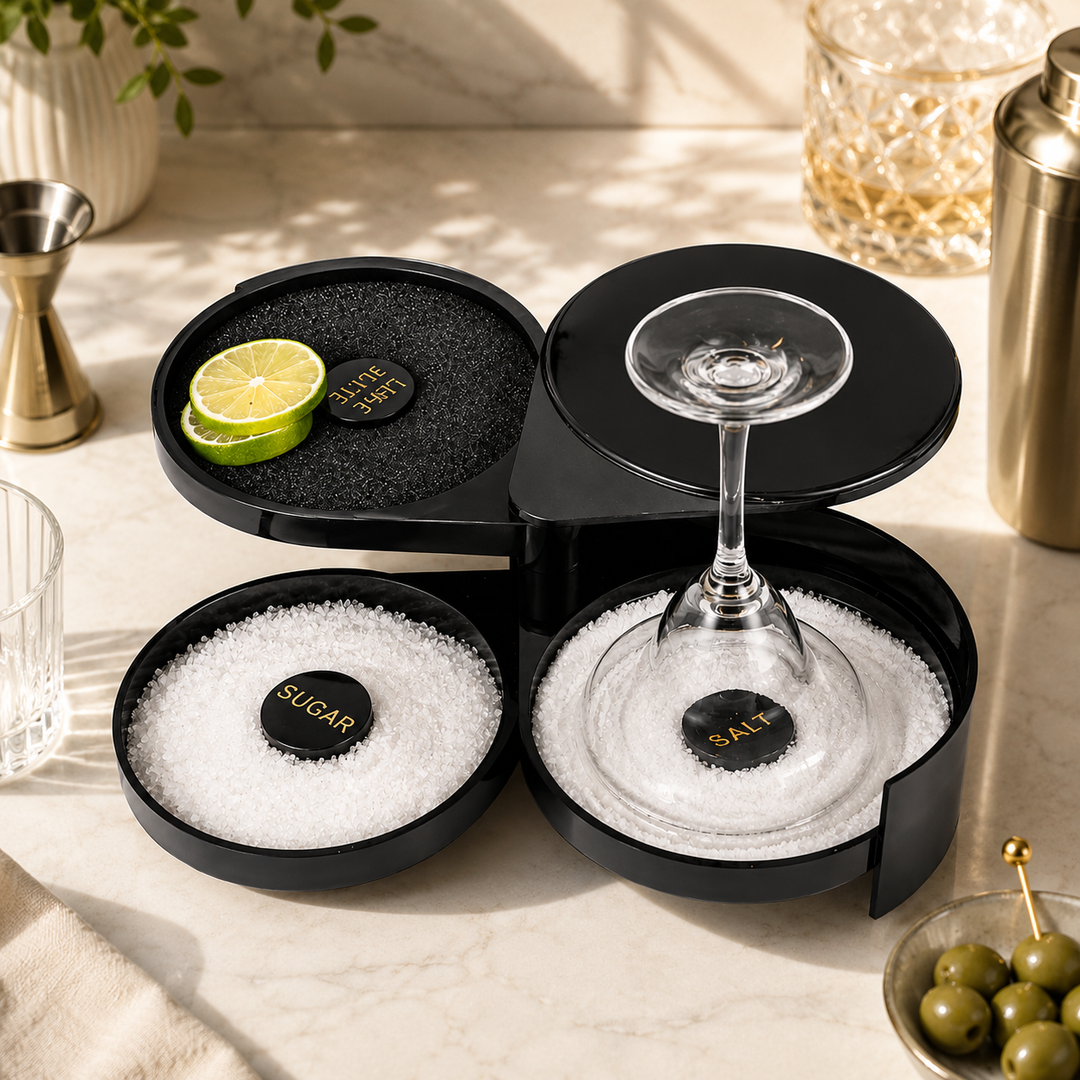 Montavo by FnS 3 Tier Bar Glass Rimmer with salt, sugar and lime trays for margarita cocktails in a premium bar setting.