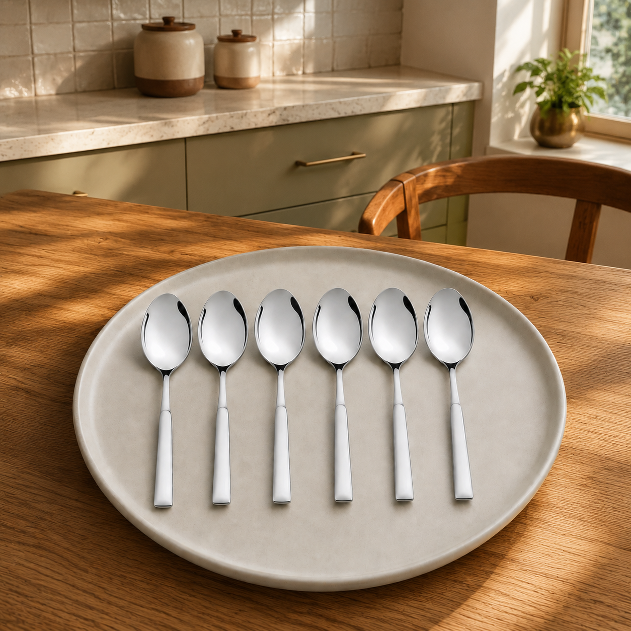 Montavo by FnS Lisbon set of 6 stainless steel baby spoons on a ceramic plate in a warm, sunlit sage-green home kitchen.