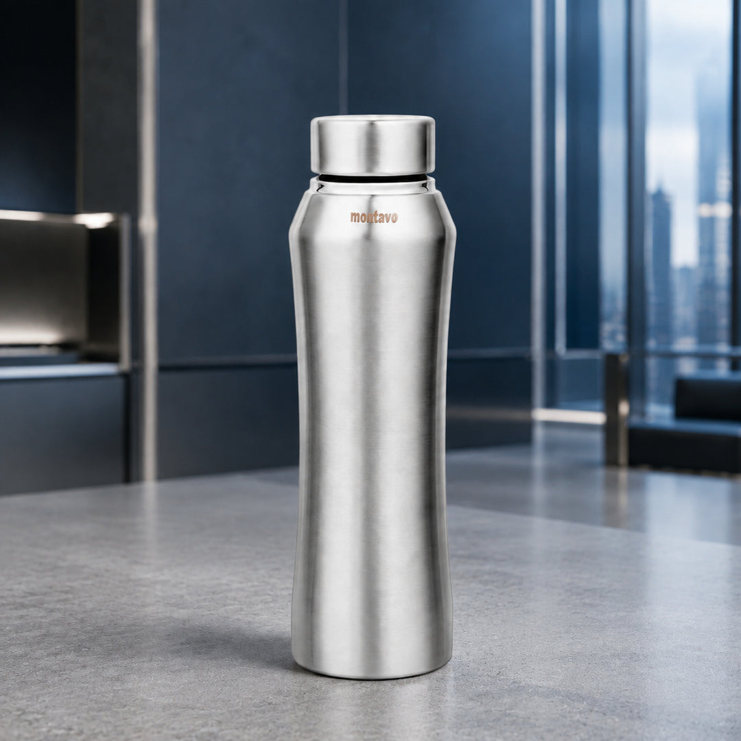 Montavo by FnS Oasis 750 ml stainless steel water bottle with sleek silver finish, slim curved body and stainless steel lid