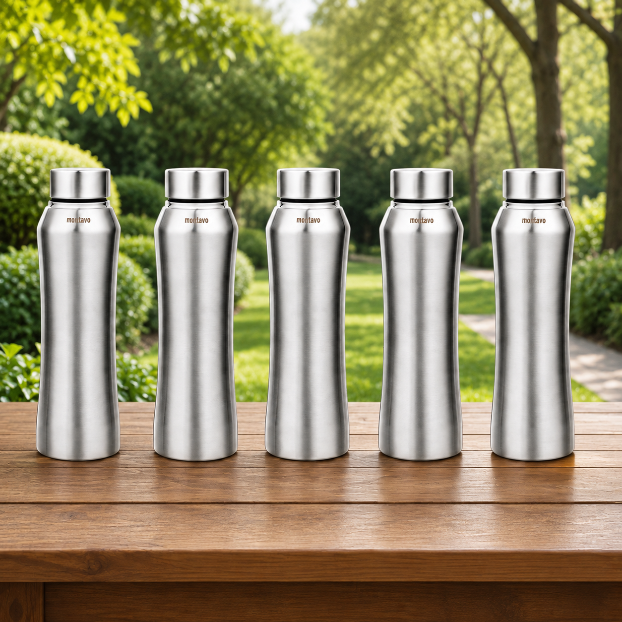 Montavo by FnS Oasis 1 litre stainless steel water bottle set of 5 with silver finish displayed outdoors on wooden table