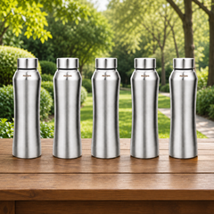 Montavo by FnS Oasis 1 litre stainless steel water bottle set of 5 with silver finish displayed outdoors on wooden table