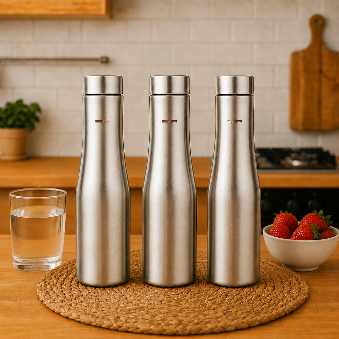 Montavo by FnS Purify 750 ml stainless steel water bottle set of 3 displayed on a woven mat in a warm modern kitchen
