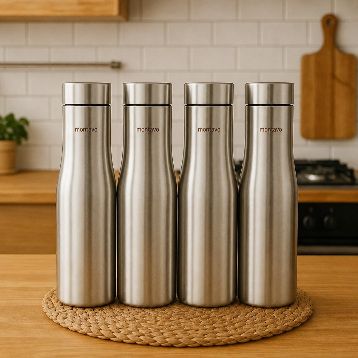 Montavo by FnS Purify 750 ml stainless steel water bottle set of 4 displayed on a woven mat in a warm modern kitchen
