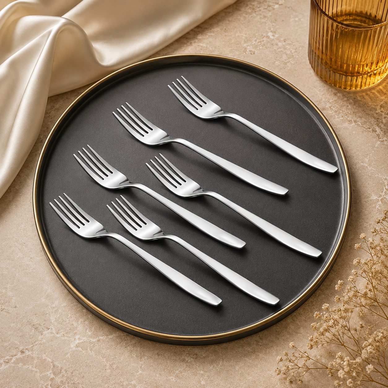 Montavo by FnS Rio Stainless Steel 6 Pcs Dinner Fork Set on the table with premium background.
