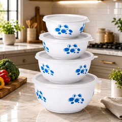 Montavo by FnS white stainless steel serving bowl set of 4 with lids and blue design displayed in a modern kitchen.
