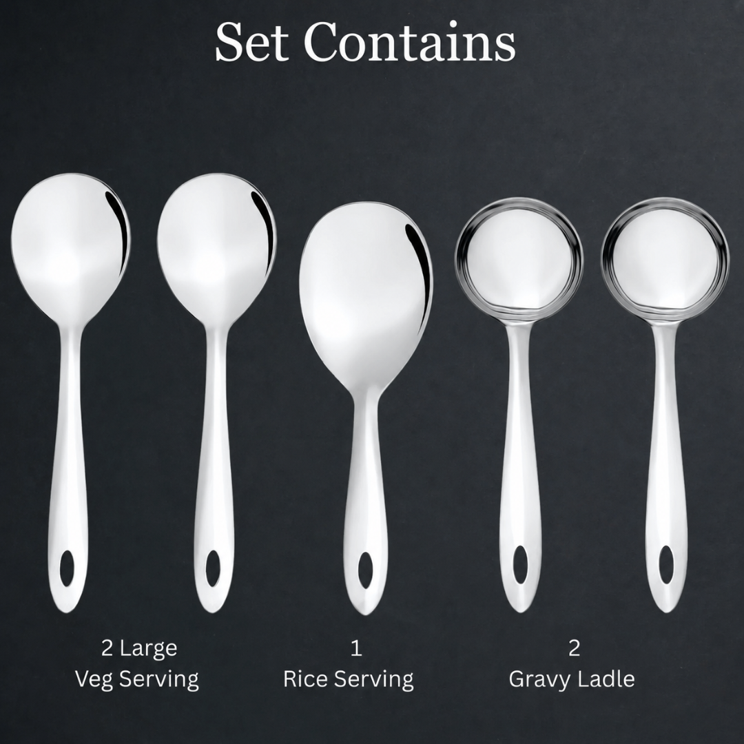 Montavo by FnS 5-piece stainless steel serving set with 2 veg servers, 1 rice server and 2 gravy ladles neatly displayed.