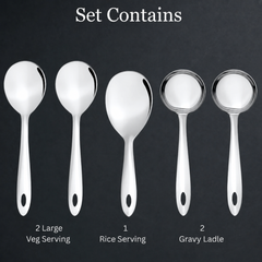 Montavo by FnS 5-piece stainless steel serving set with 2 veg servers, 1 rice server and 2 gravy ladles neatly displayed.