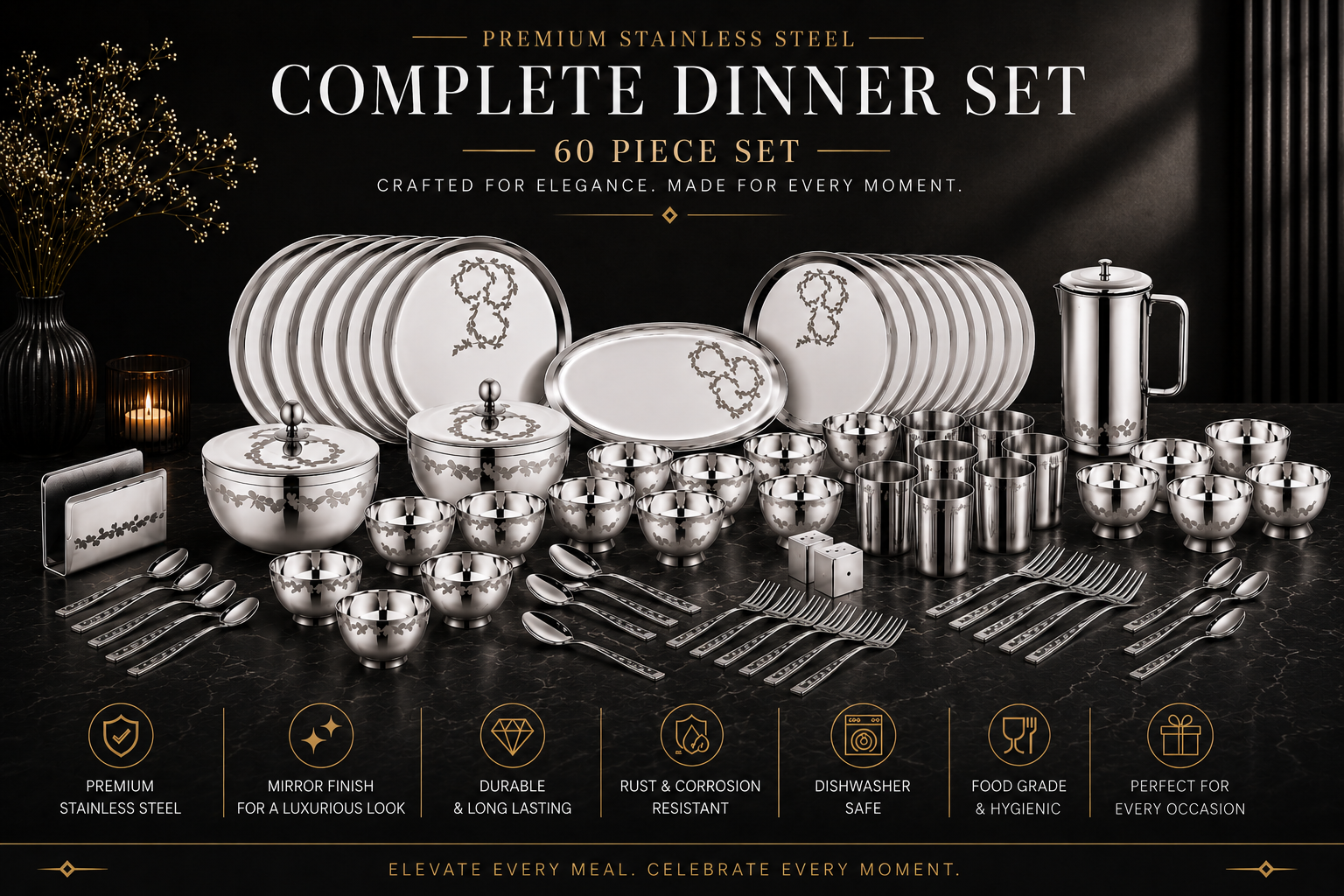 FnS MOTIF Stainless Steel Dinner Set (60pcs)