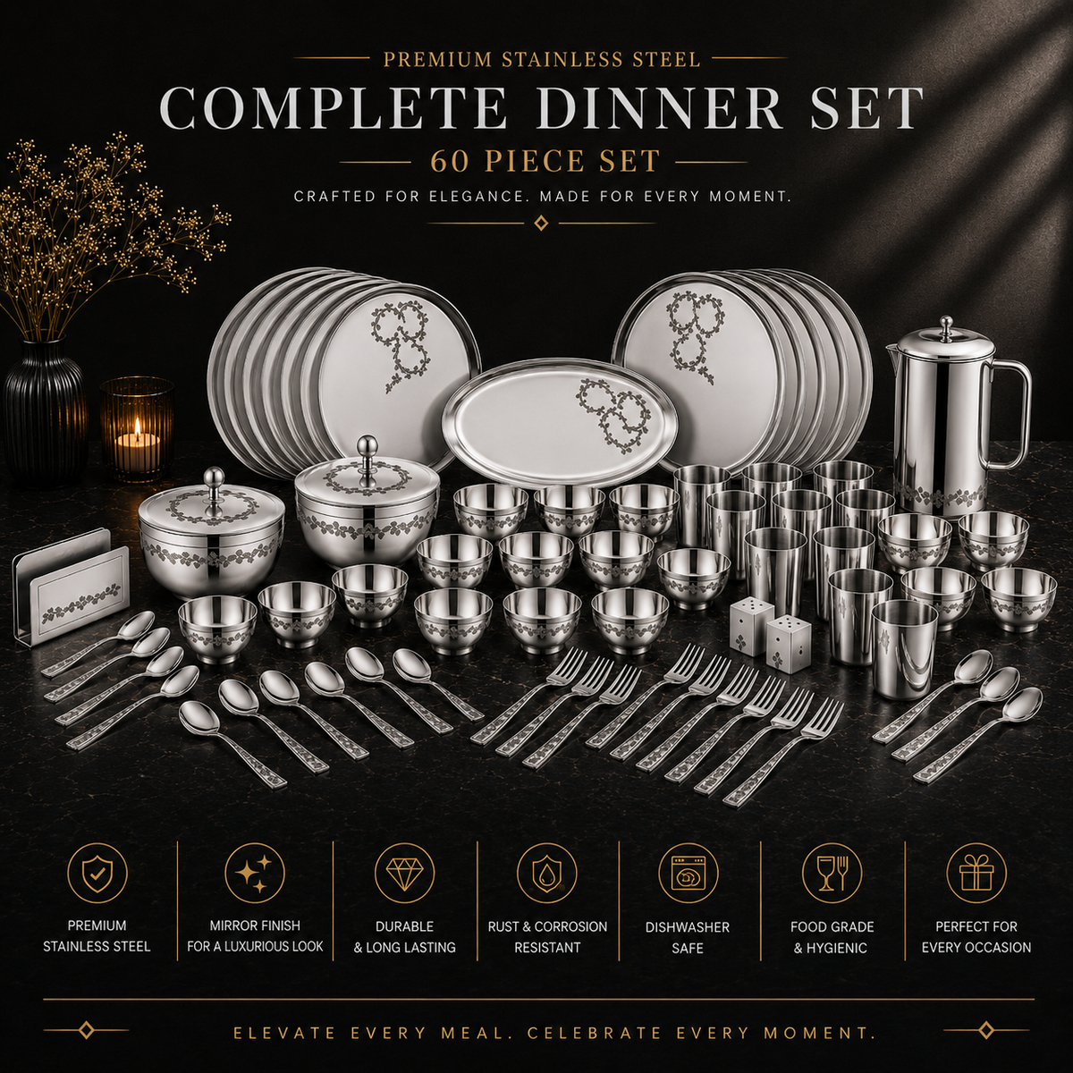 FnS MOTIF Stainless Steel Dinner Set (60pcs)