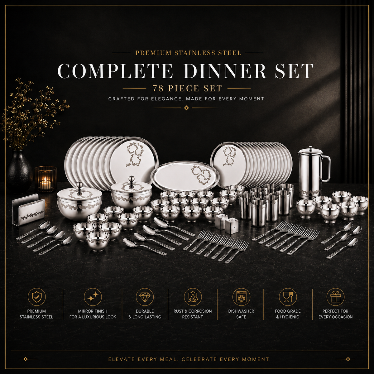 FnS MOTIF Stainless Steel Dinner Set (78 pcs)