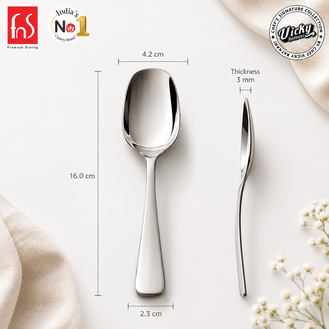 Chef Vicky Ratnani's Signature Collection By FnS Nexa Stainless Steel Cutlery Teaspoon 6 Pcs Set | Premium sleek contemporary Handle Design Cutlery for Home, Dining & Kitchen