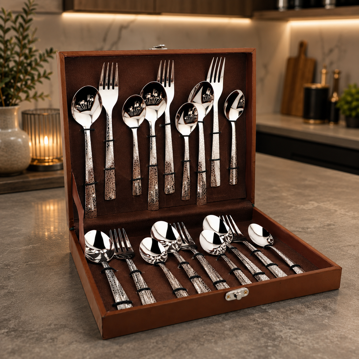 Montavo by FnS Pebble Premium Laser Engraved Cutlery Set of 18 Pcs in Leatherette Box