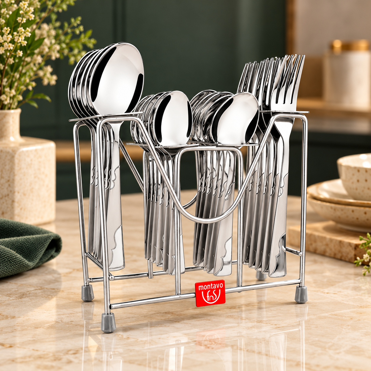 Montavo Creta 24-piece Stainless Steel Cutlery Set with Stand, featuring dinner spoons, forks, baby spoons and teaspoons in mirror finish.