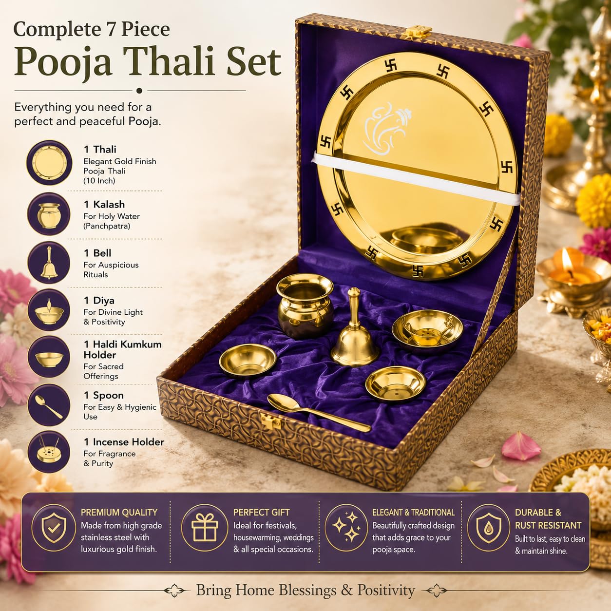 FnS Vandan 7-Pc Gold Stainless Steel Pooja Thali Set with Box