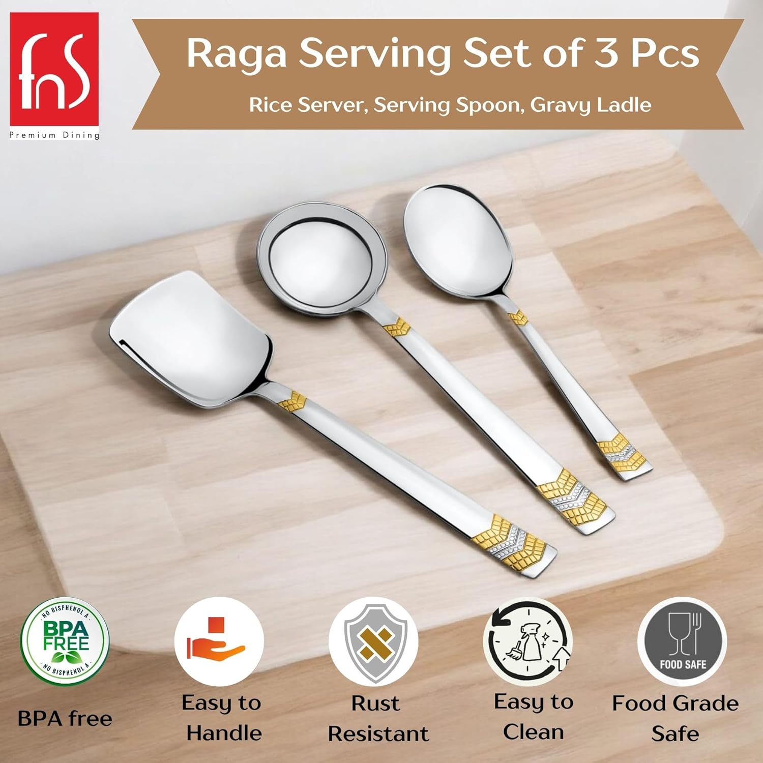 FnS RAGA 24 Karat Gold Plated Stainless Steel Serving set of 3