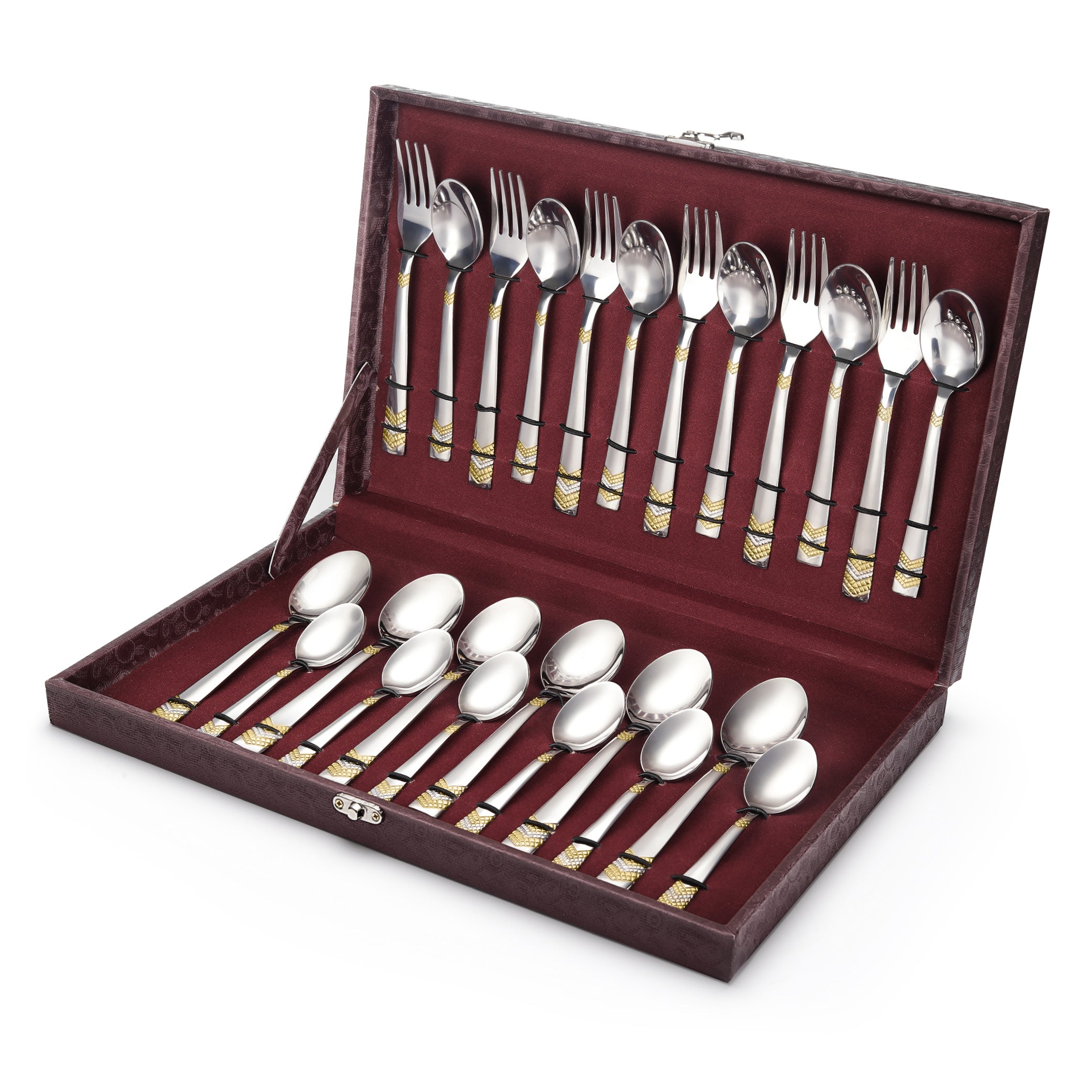 FnS RAGA 24 Karat Gold Plated 24 Pcs Cutlery Set with Leatherette Box Packaging