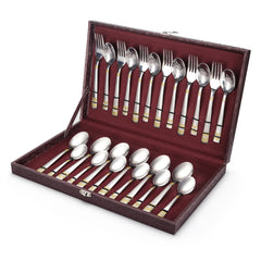 FnS RAGA 24 Karat Gold Plated 24 Pcs Cutlery Set with Leatherette Box Packaging