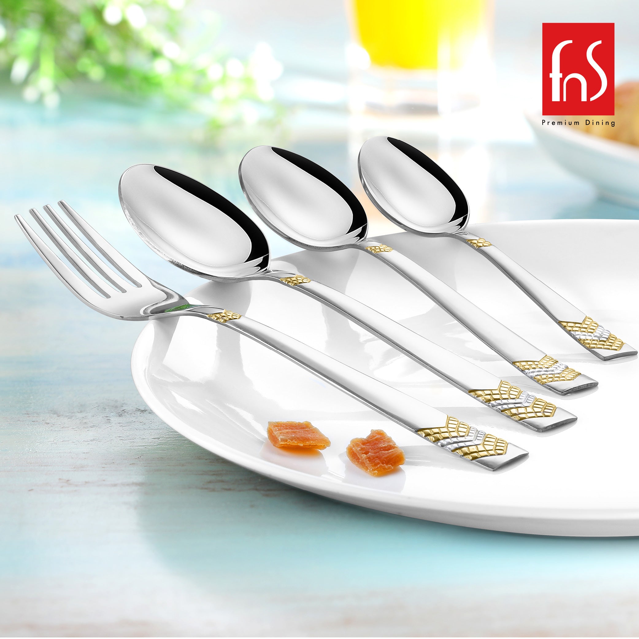 FnS RAGA 24 Karat Gold Plated 24 Pcs Cutlery Set with Leatherette Box Packaging