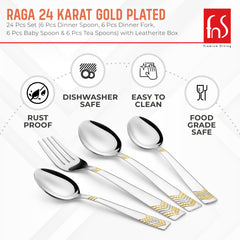 FnS RAGA 24 Karat Gold Plated 24 Pcs Cutlery Set with Leatherette Box Packaging