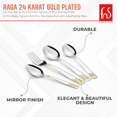 FnS RAGA 24 Karat Gold Plated 24 Pcs Cutlery Set with Leatherette Box Packaging