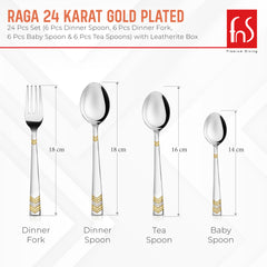 FnS RAGA 24 Karat Gold Plated 24 Pcs Cutlery Set with Leatherette Box Packaging