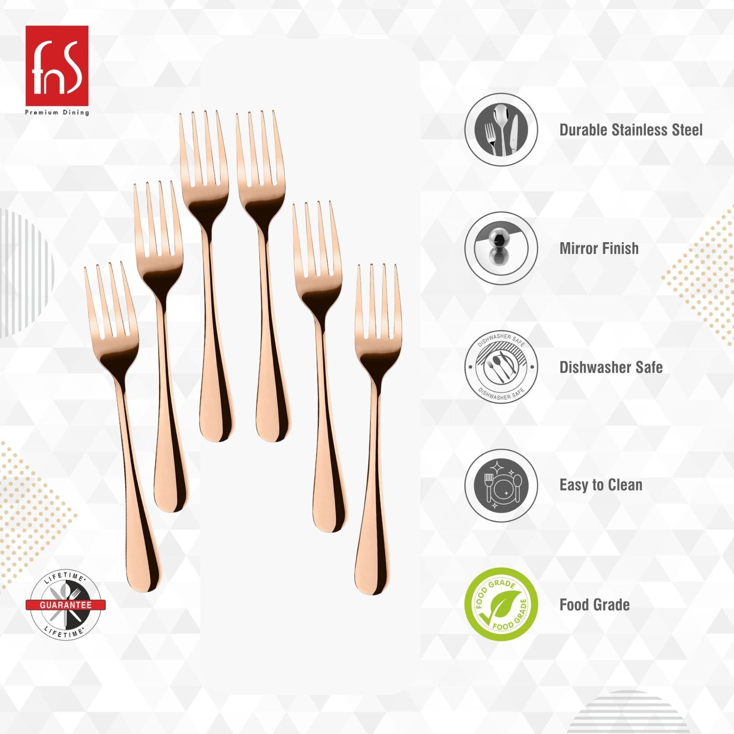 FnS Rosella Rose Gold Stainless Steel Dinner Fork Set of 6, for Home, Kitchen and Dinning
