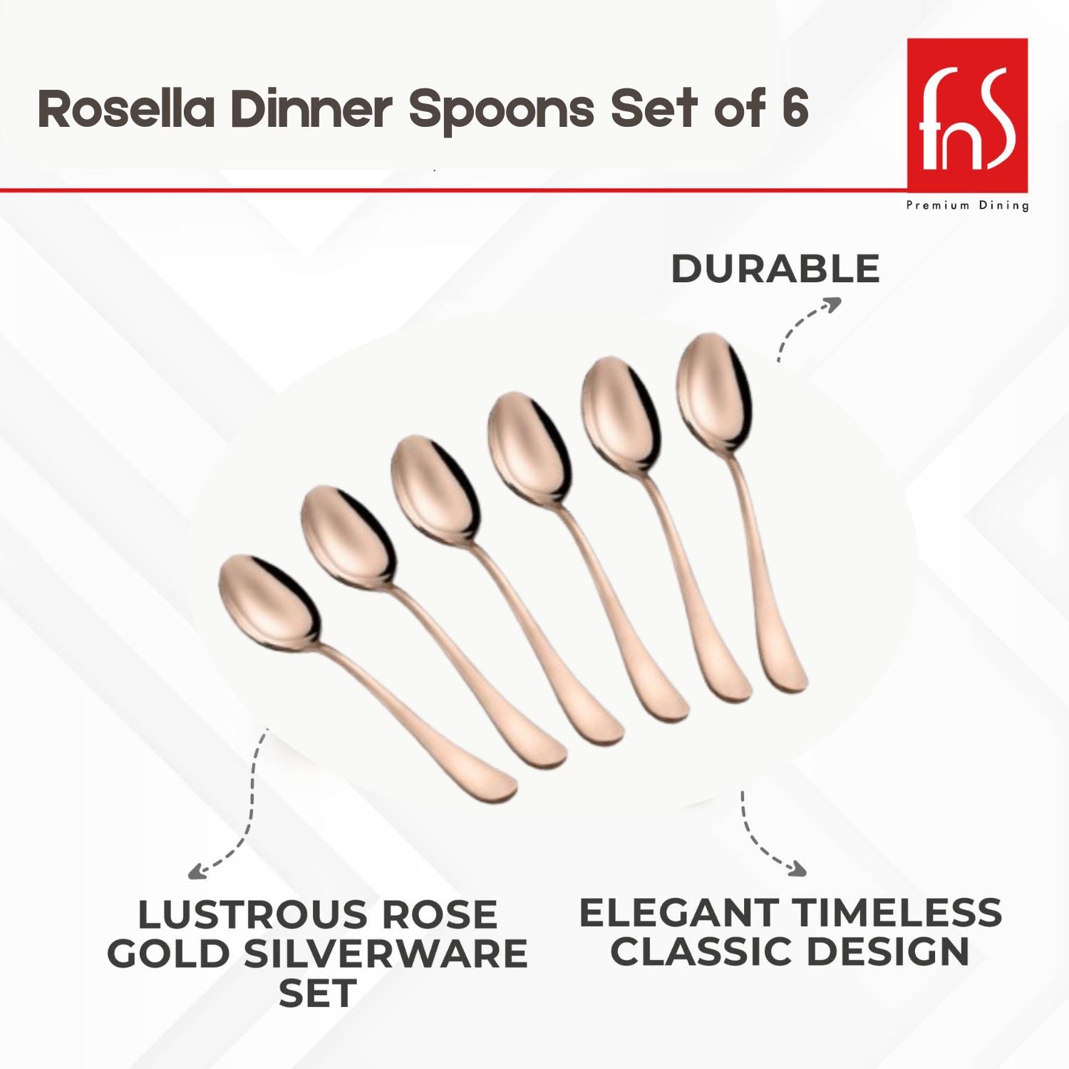 FnS Rosella Rose Gold Stainless Steel Dinner Spoon Set of 6, for Home, Kitchen and Dinning