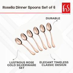 FnS Rosella Rose Gold Stainless Steel Dinner Spoon Set of 6, for Home, Kitchen and Dinning