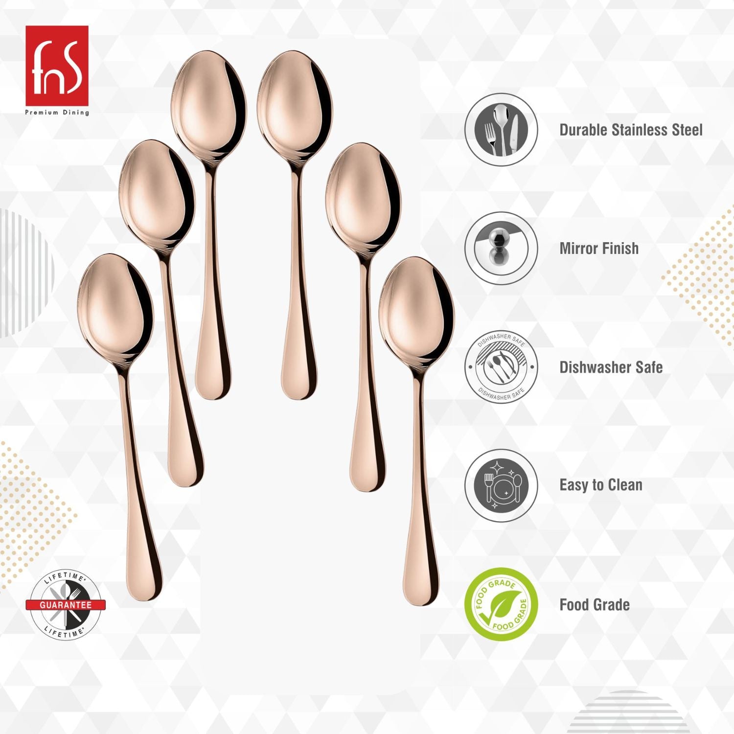 FnS Rosella Rose Gold Stainless Steel Teaspoon Set of 6, for Home, Kitchen and Dinning
