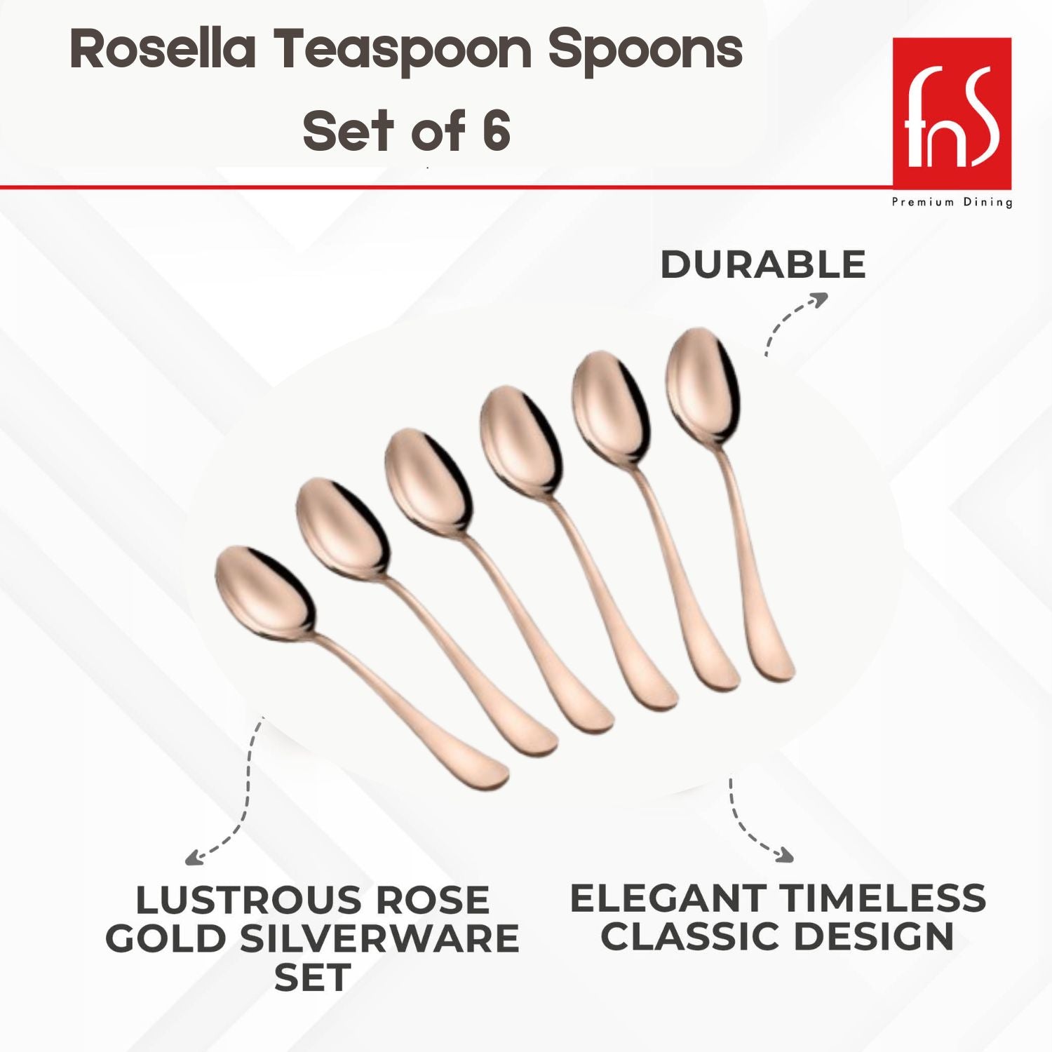 FnS Rosella Rose Gold Stainless Steel Teaspoon Set of 6, for Home, Kitchen and Dinning