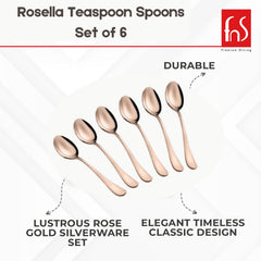 FnS Rosella Rose Gold Stainless Steel Teaspoon Set of 6, for Home, Kitchen and Dinning