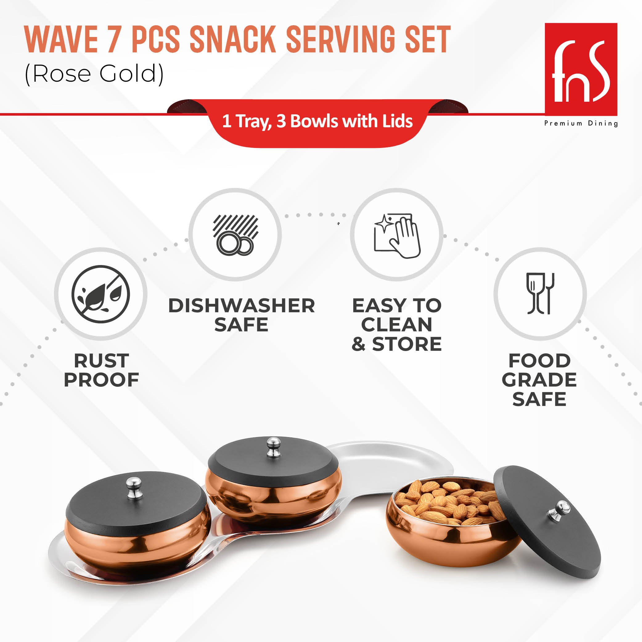 FnS Wave 7 Pc Snacks Serving Bowl Rose Gold