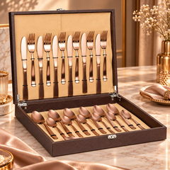 FnS Amber Copper Finish Stainless Steel 24 Pcs Cutlery Set in premium gift box with elegant copper finish, neatly arranged for gifting.