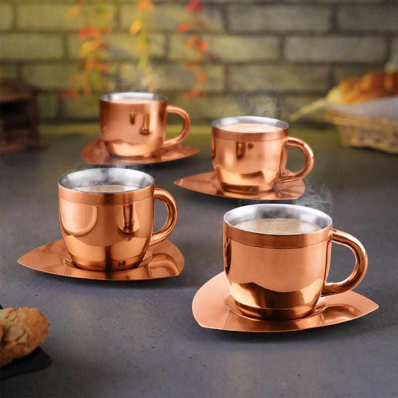 FnS Tea Cup and Saucer Set of 4 Stainless Steel for Gift and Home Decor Double Walled Cup | Unbreakable Cups for Tea and Coffee (Rose Gold, 4 Cups and 4 Saucer)