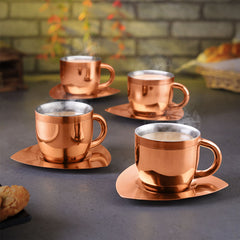 FnS Tea Cup and Saucer Set of 4 Stainless Steel for Gift and Home Decor Double Walled Cup | Unbreakable Cups for Tea and Coffee (Rose Gold, 4 Cups and 4 Saucer)