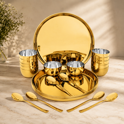 FnS Royal 24 pcs Stainless Steel Gold Dinner Set (6 Thali, 12 Katori (Bowl), 6 Dinner Spoon)