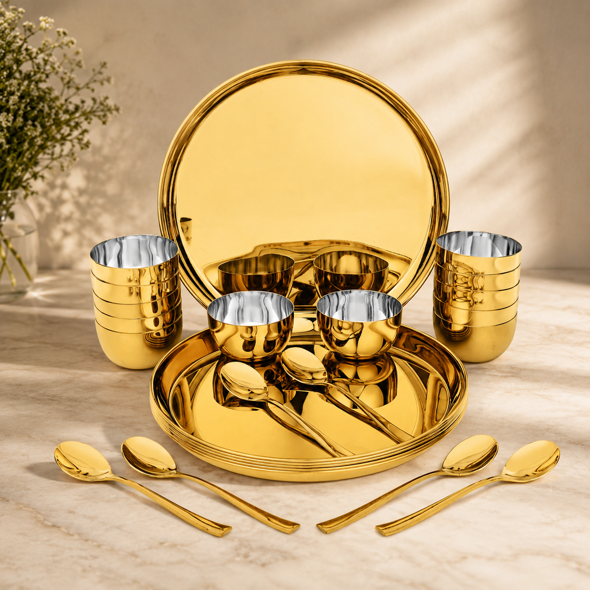 FnS Royal 24 pcs Stainless Steel Gold Dinner Set (6 Thali, 12 Katori (Bowl), 6 Dinner Spoon)