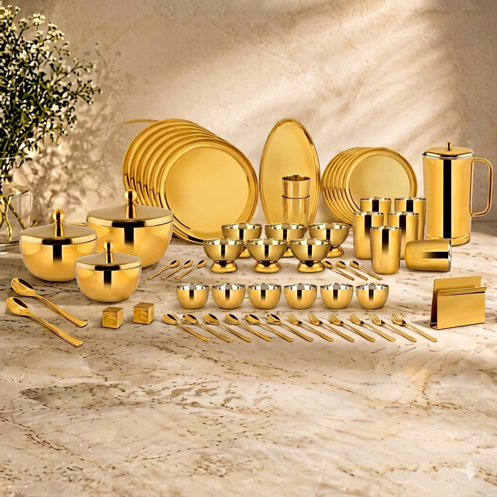 FnS ROYAL Stainless Steel 78 pcs Gold Dinner Set with plates, katoris, serving bowls, tray, spoons, pitcher, glasses & holder