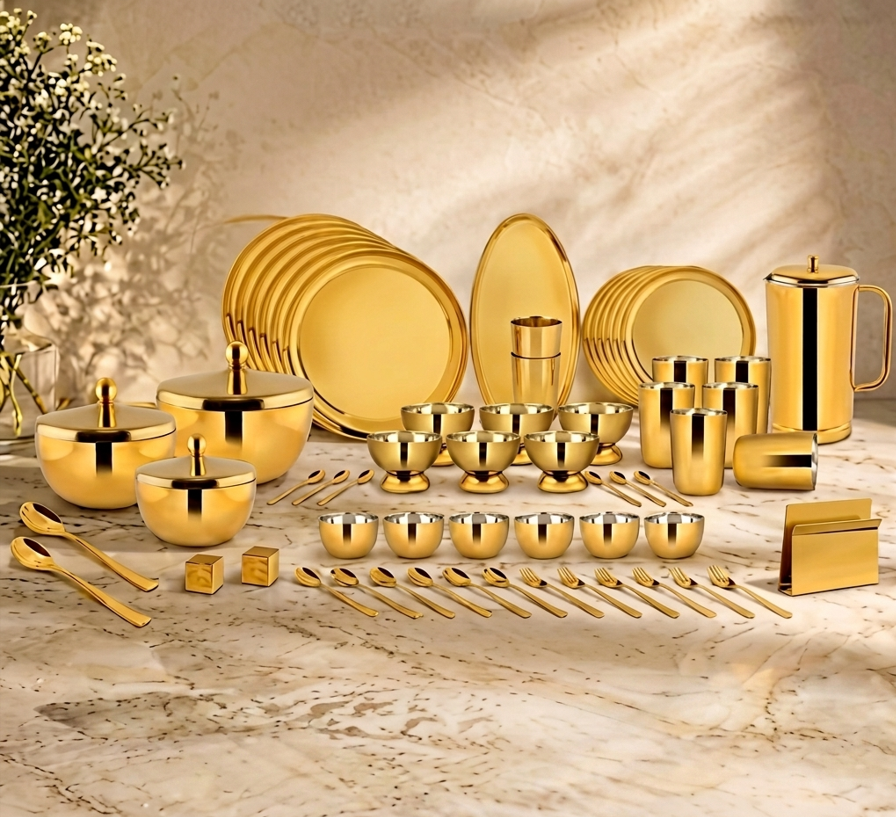 FnS ROYAL Stainless Steel 60 pcs Dinner Set with 12 plates, 12 katoris, bowls, tray, spoons, pitcher and glasses.