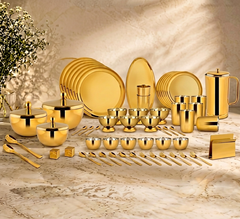 FnS ROYAL Stainless Steel 60 pcs Dinner Set with 12 plates, 12 katoris, bowls, tray, spoons, pitcher and glasses.