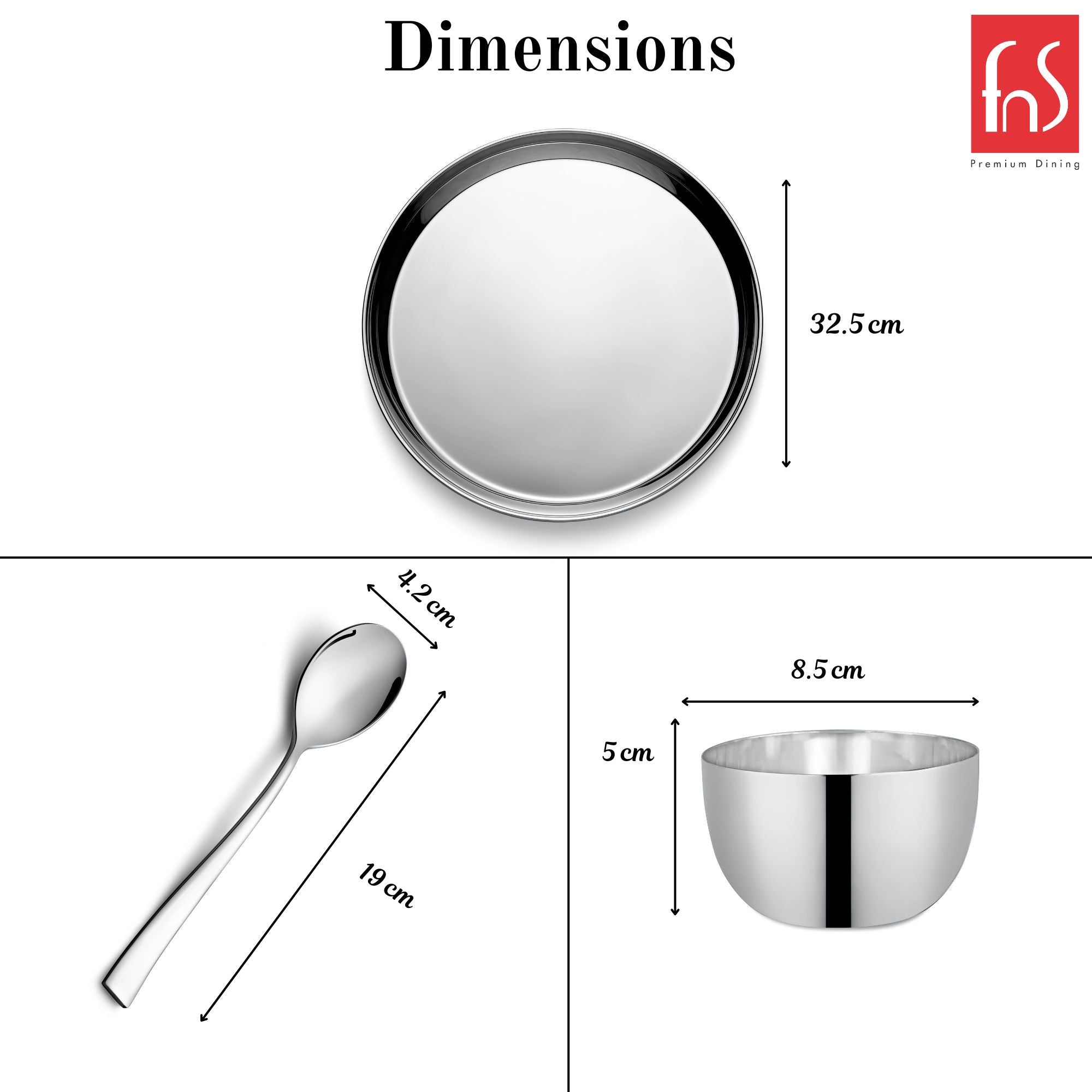FnS Sovana 24 pcs Stainless Steel Dinner Set (6 Thali, 12 Katori (Bowl), 6 Dinner Spoon)