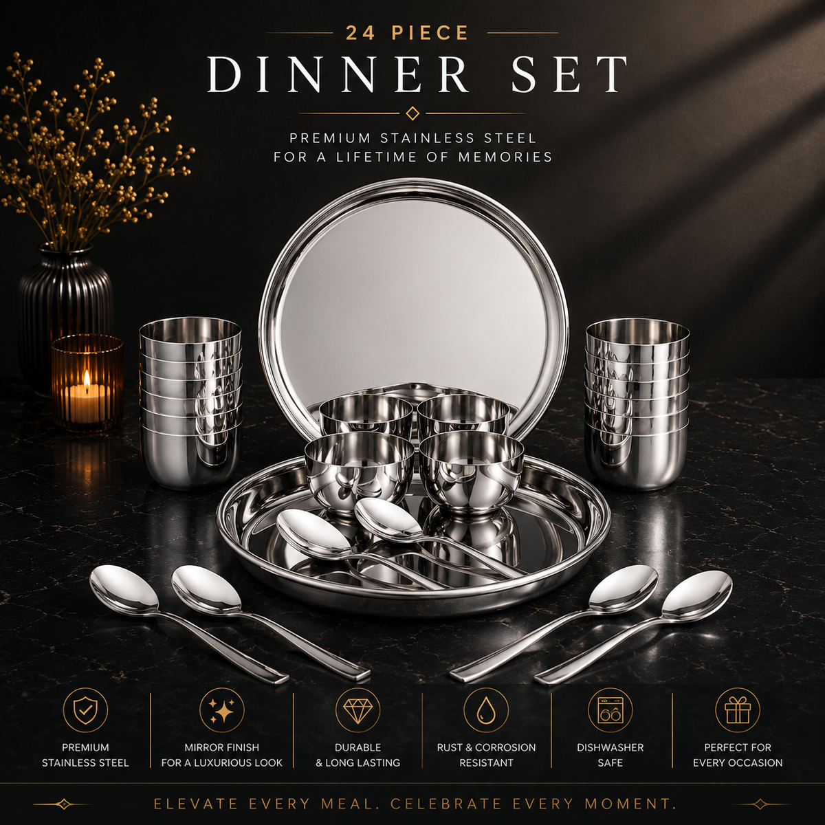 FnS Sovana 24 pcs Stainless Steel Dinner Set (6 Thali, 12 Katori (Bowl), 6 Dinner Spoon)
