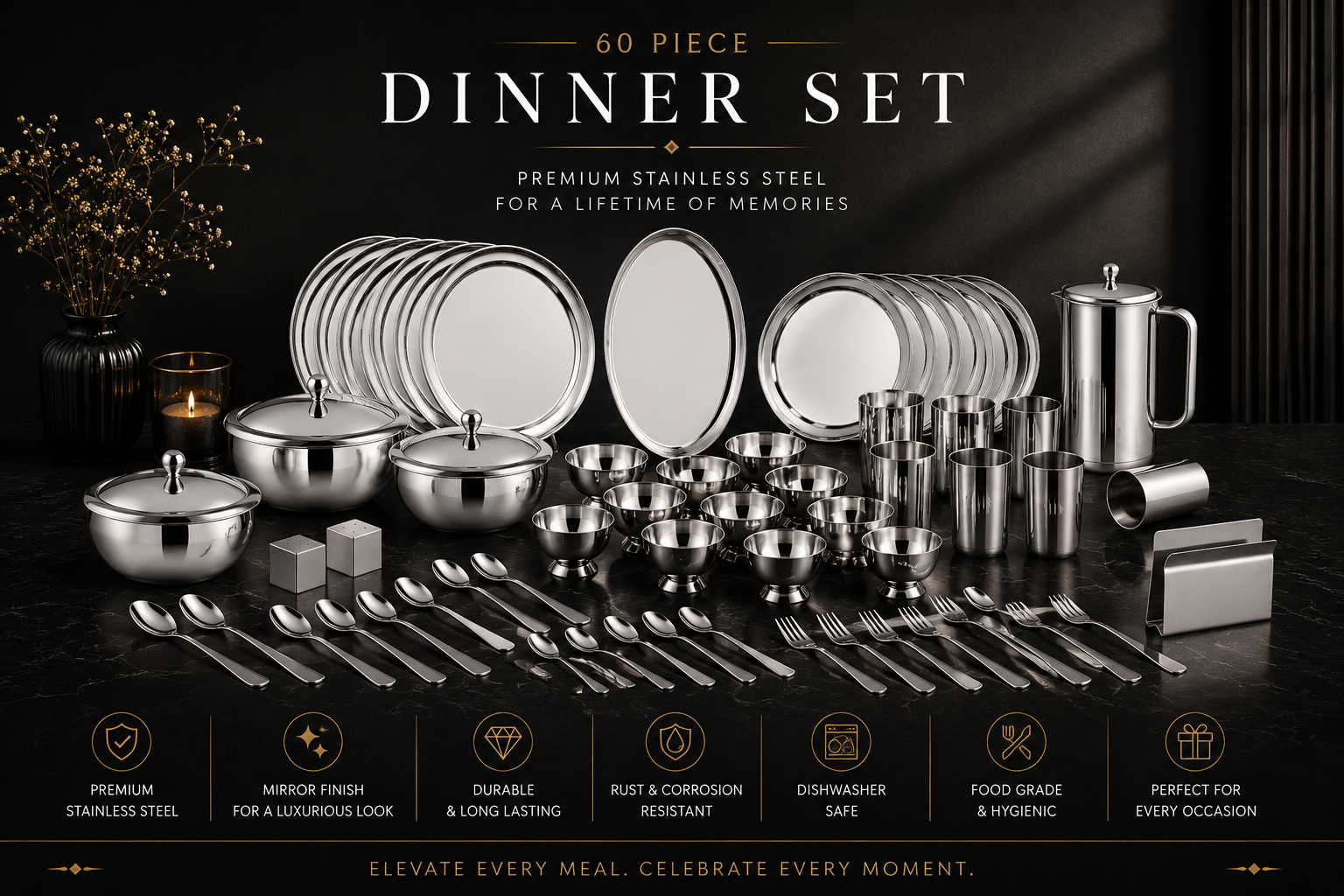 FnS Sovana Stainless Steel Dinner Set (60 pcs)