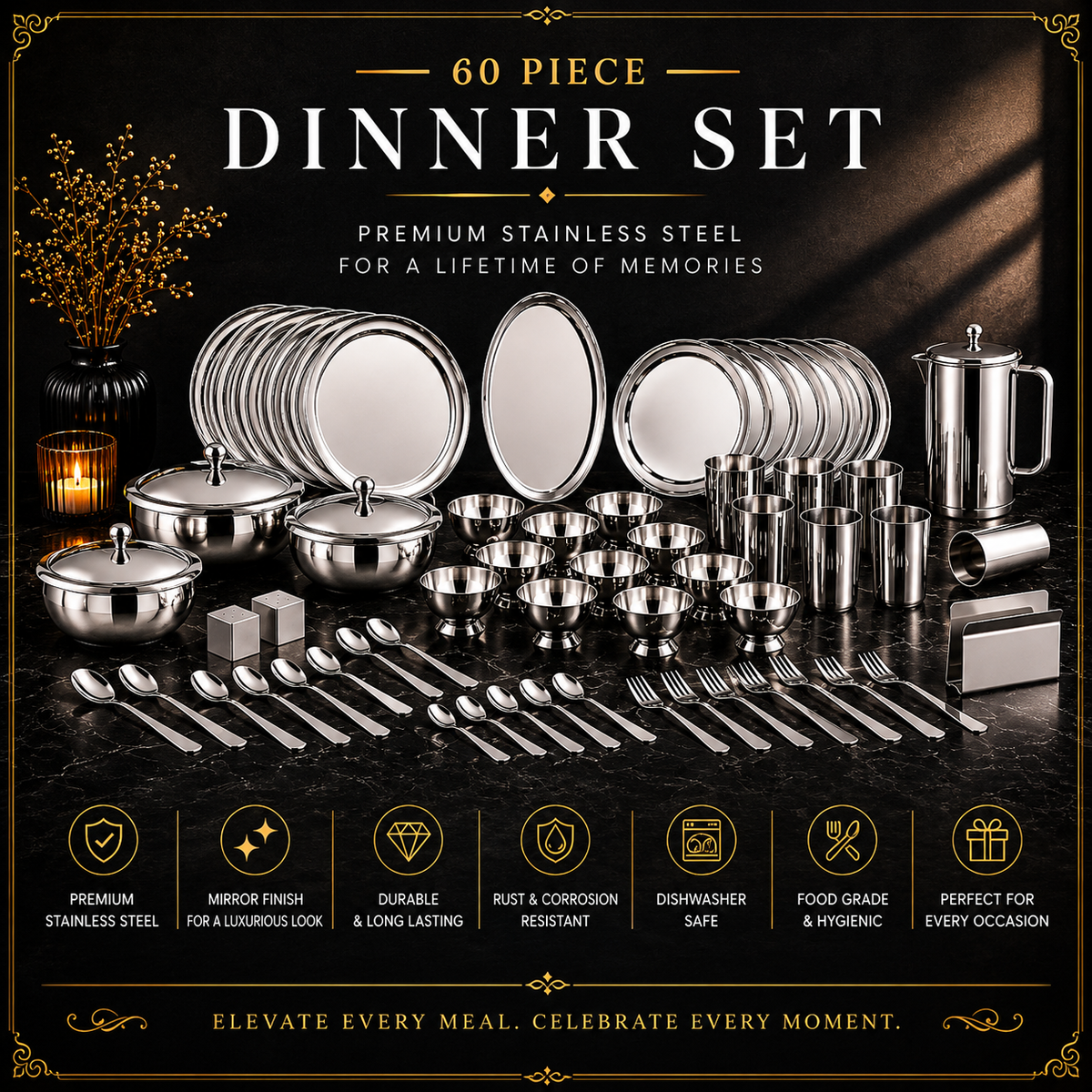 FnS Sovana Stainless Steel Dinner Set (60 pcs)