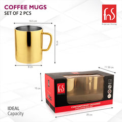 Fns Stainless Steel Coffee Mugs - Double Wall Bpa Free - Tea Cup Wide Handle - Gold Pack Of 2 Cups, 300 Milliliter - 300 Ml